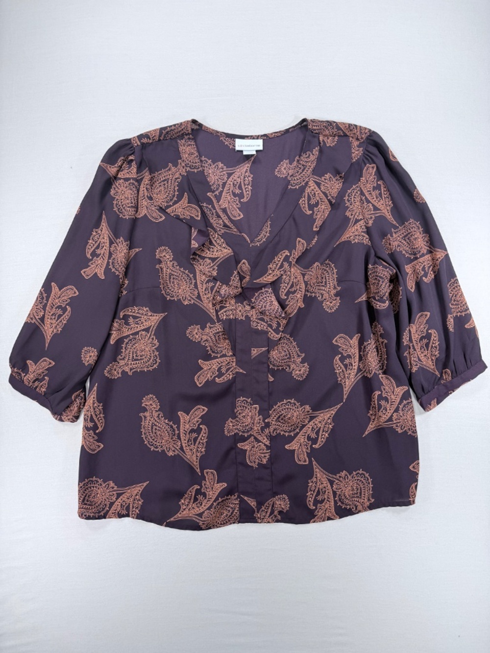 Liz Claiborne Brown Paisley Ruffle V-Neck Blouse Size L - Picture 2 of 5